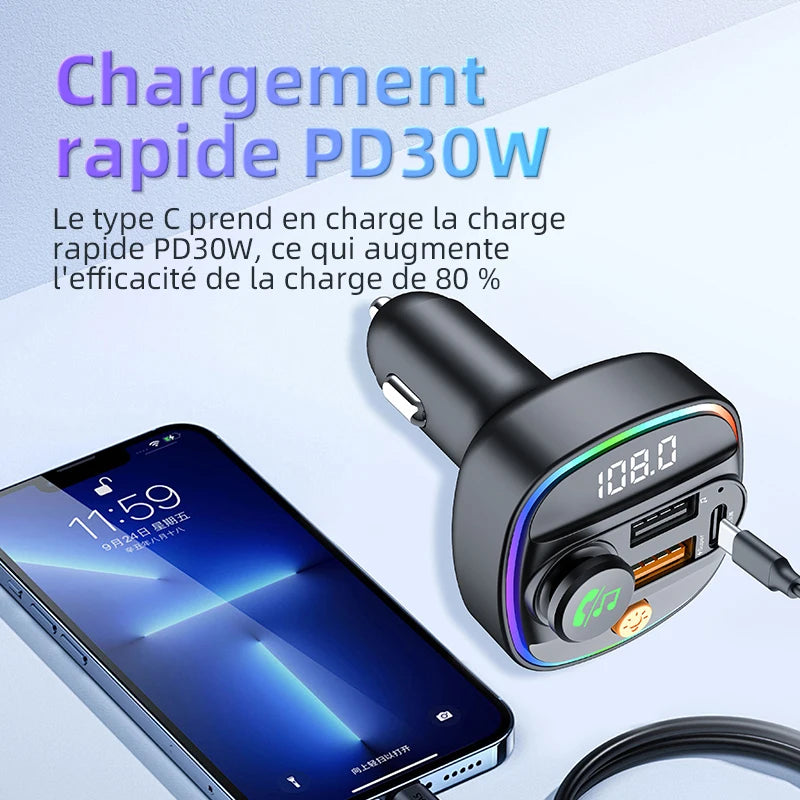 Bluetooth 5.4 FM Transmitter Handsfree Car AUX Radio Modulator MP3 Player with 22.5W & PD30W Fast Charge Adapter Car Accessories